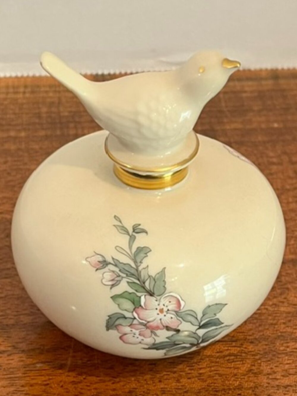 Vtg Lenox Serenade Porcelain Perfume Bottle with Bird Stopper Floral Gold Gilt